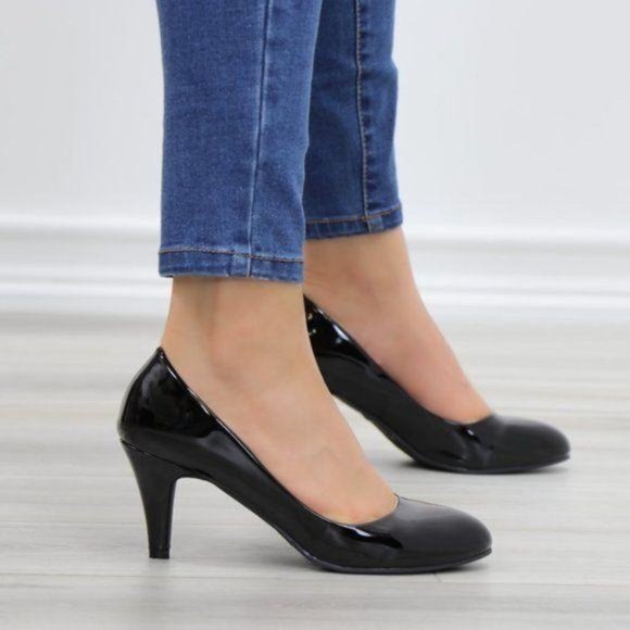 Black Patent Round Toe Kitten Low Heel Pumps - Picture 6 of 11